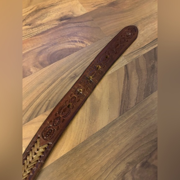 Brown Leather Belt with Silver Buckle and Decorative Braided Stitching - Picture 7 of 8